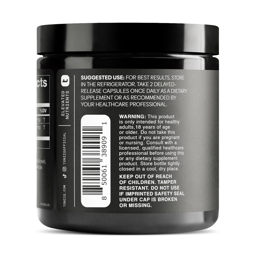 Toniiq Akkermansia label with ingredients panel indicating clean formula