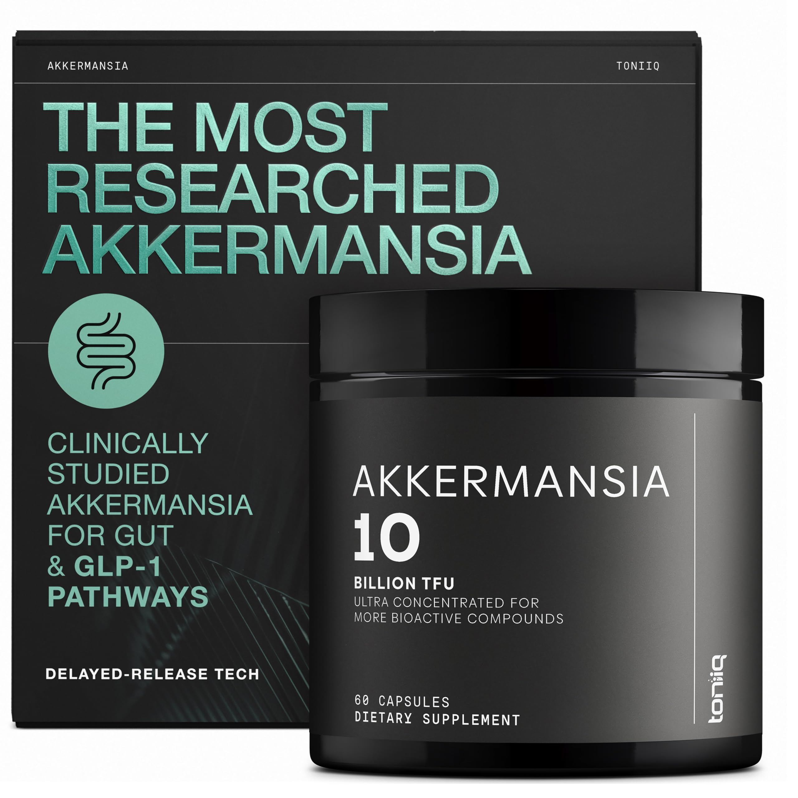 Toniiq Akkermansia probiotic bottle front for daily gut support potential