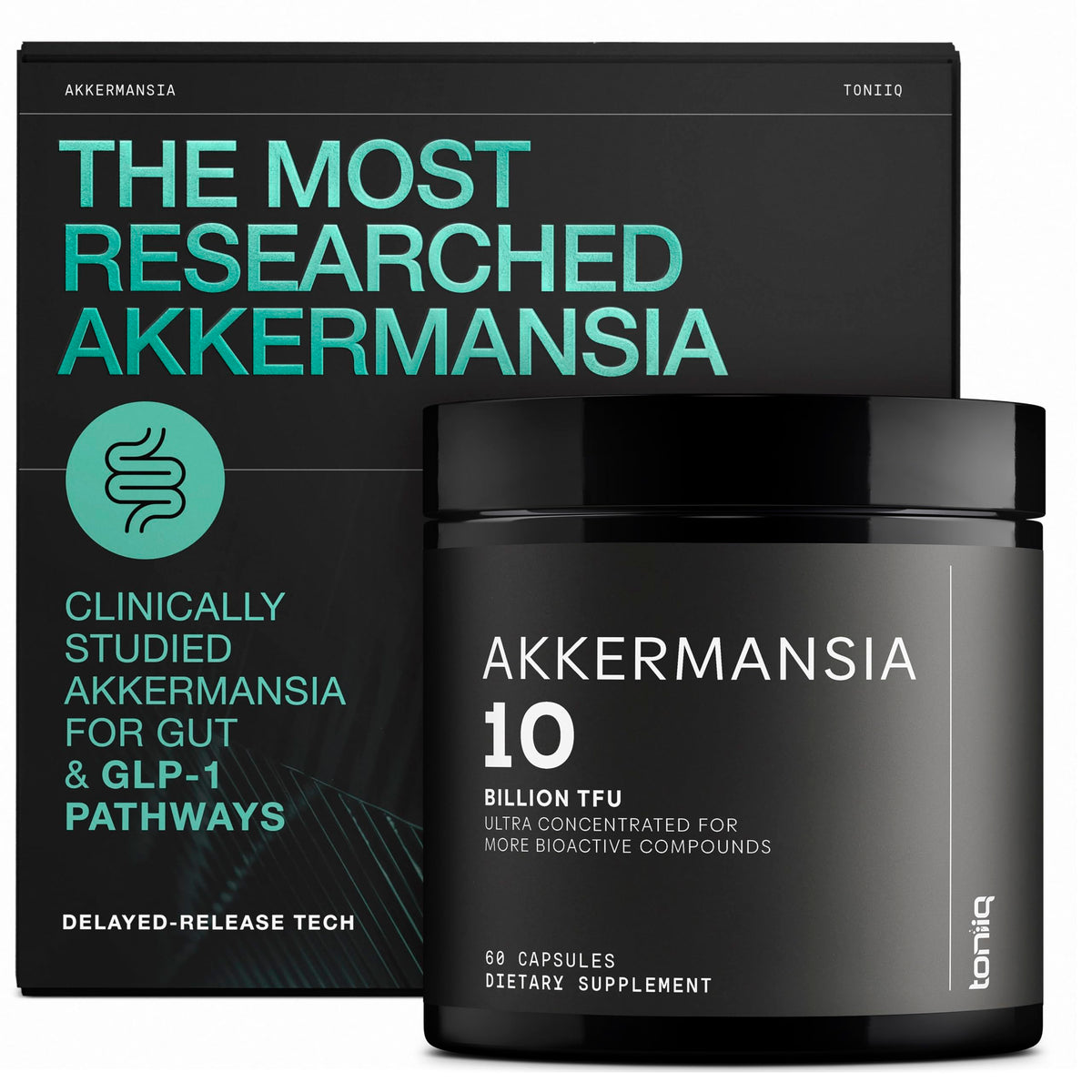Toniiq Akkermansia probiotic bottle front for daily gut support potential