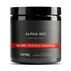 Toniiq Alpha GPC capsules bottle showing 600mg per serving for focus support