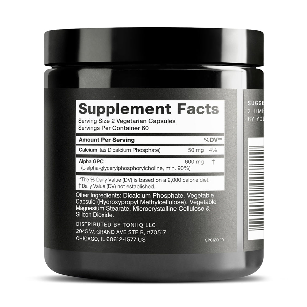 Toniiq Alpha GPC 90%+ purity label highlighting high potency