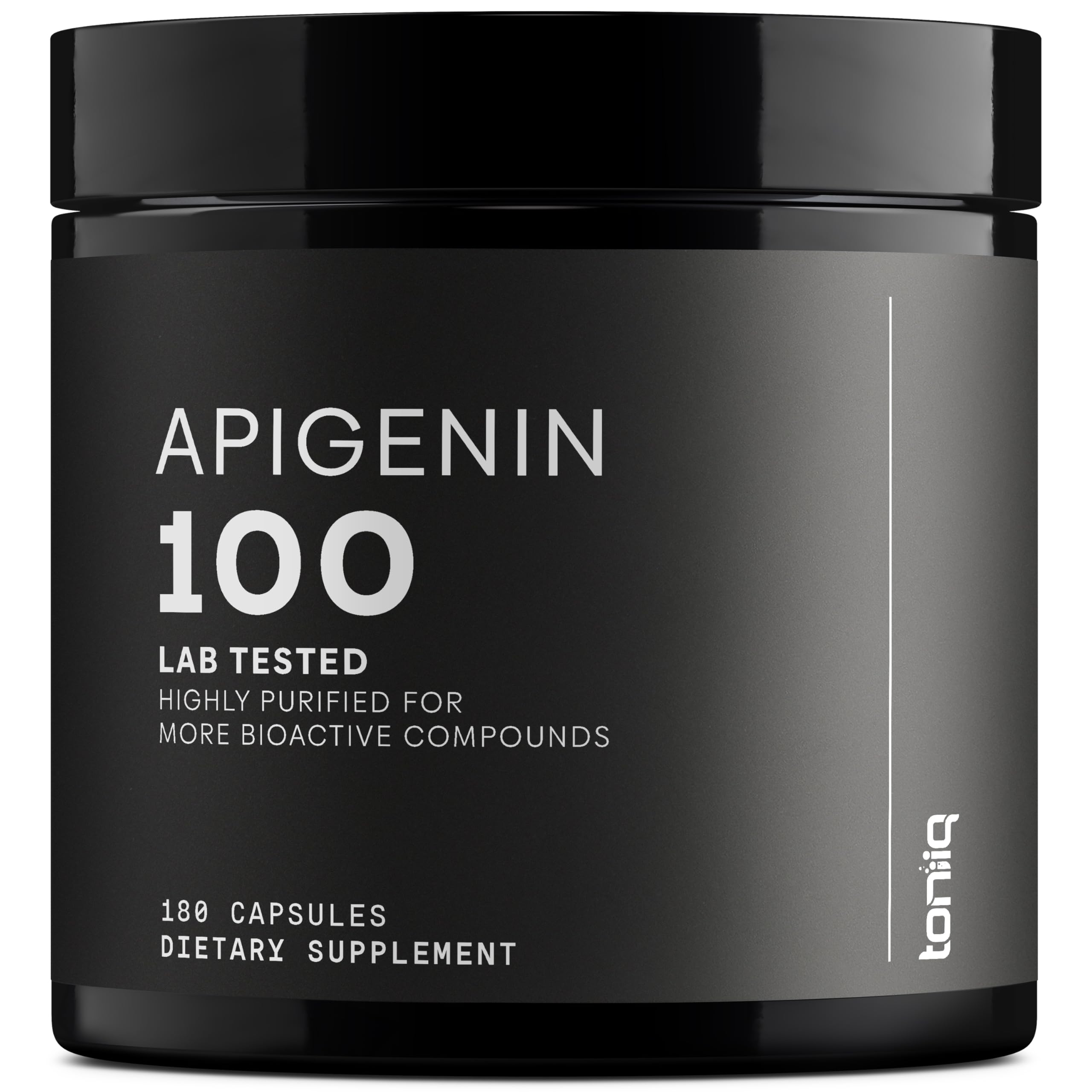 Toniiq Apigenin bottle close-up highlights 98%+ purity for premium daily use.