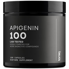 Toniiq Apigenin bottle close-up highlights 98%+ purity for premium daily use.