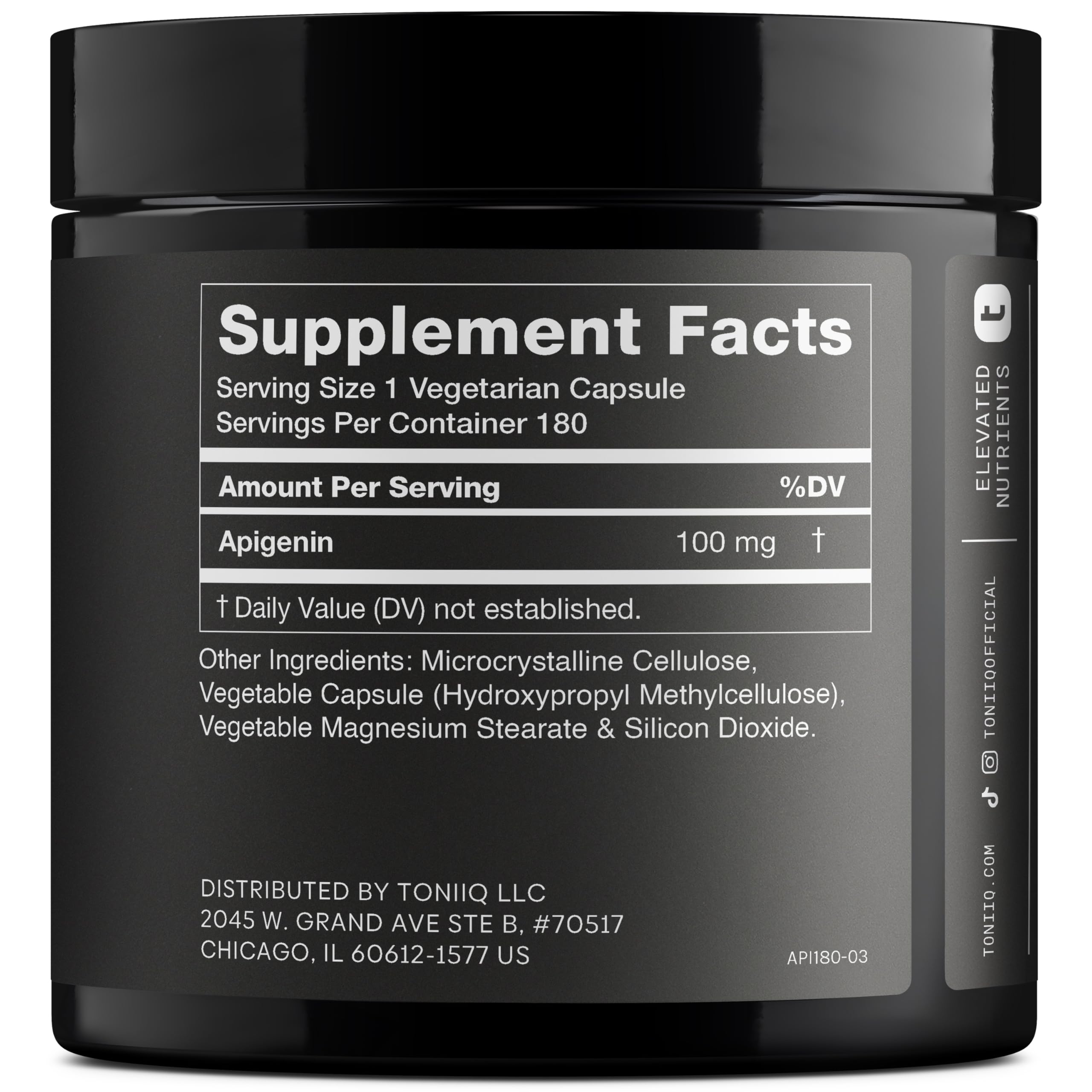 Toniiq Apigenin capsules image shows 180 vegetarian capsules for convenience.