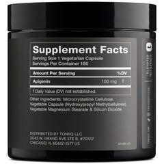 Toniiq Apigenin capsules image shows 180 vegetarian capsules for convenience.