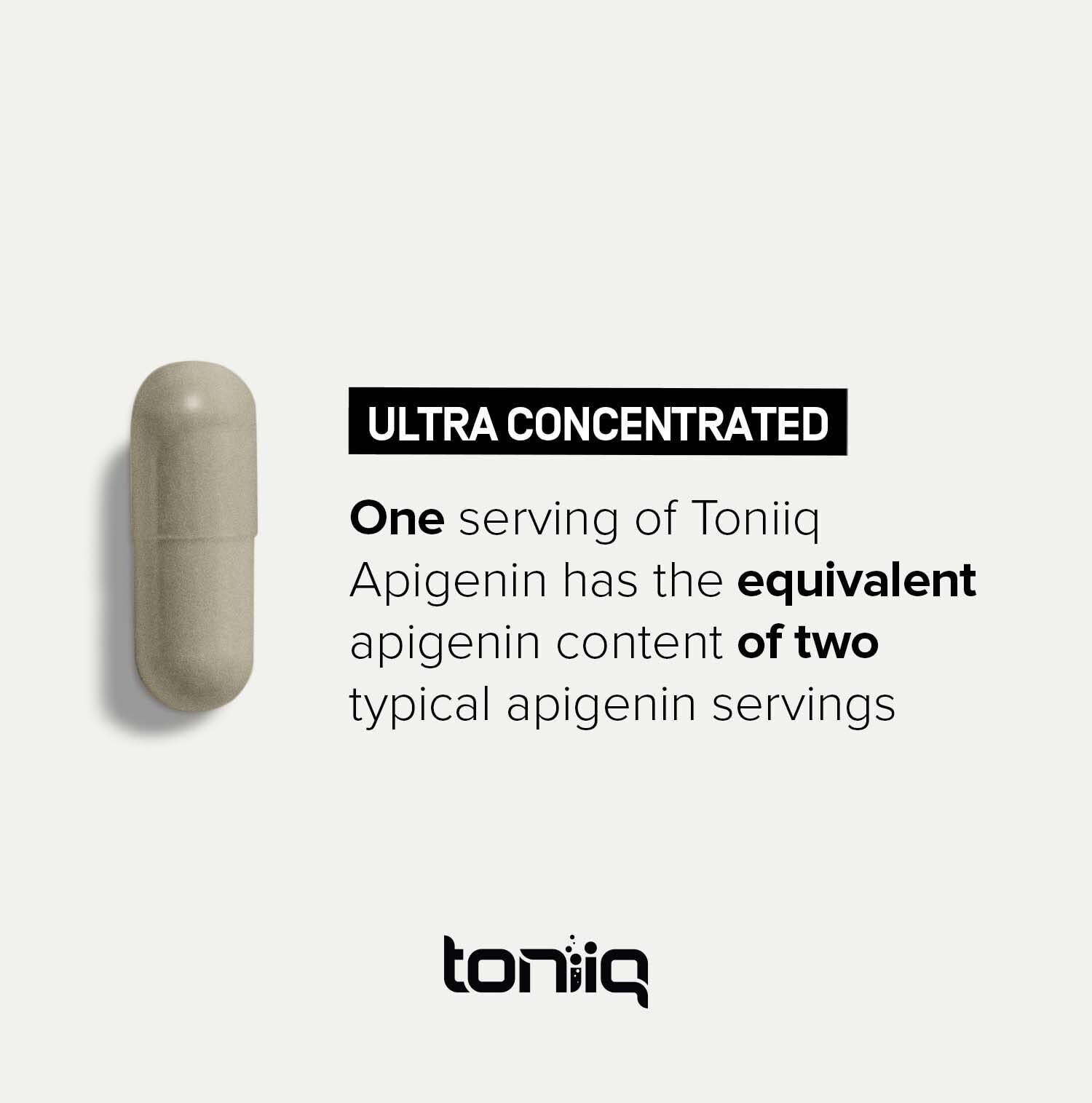 Toniiq Apigenin serving setup demonstrates easy daily intake with a capsule.