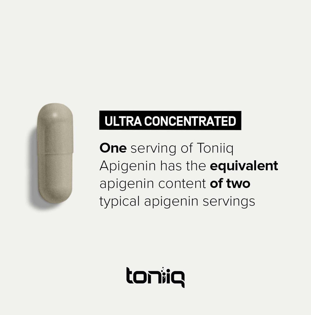 Toniiq Apigenin serving setup demonstrates easy daily intake with a capsule.