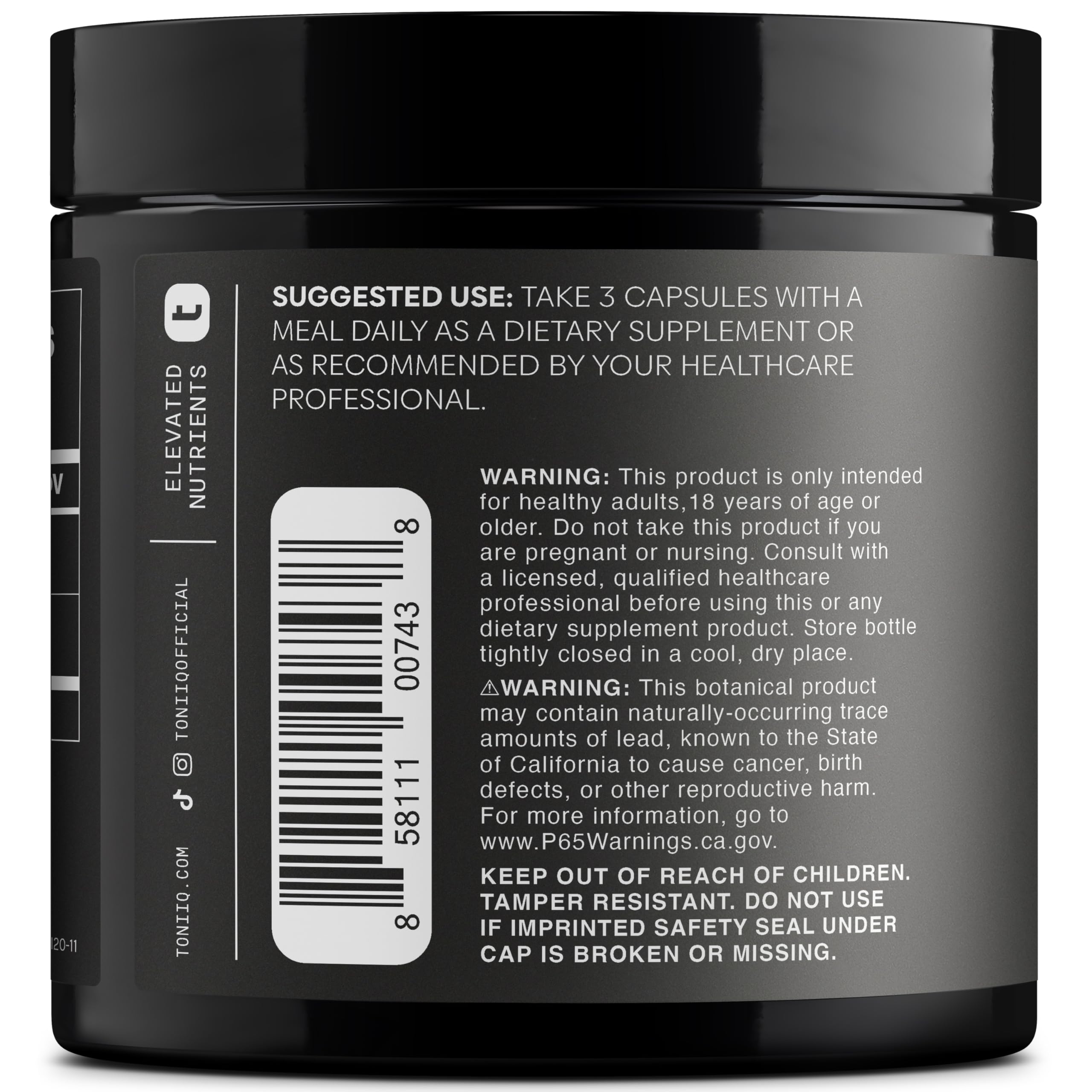 Toniiq Apple Cider Vinegar Capsules bottle back label detailing quality standards.