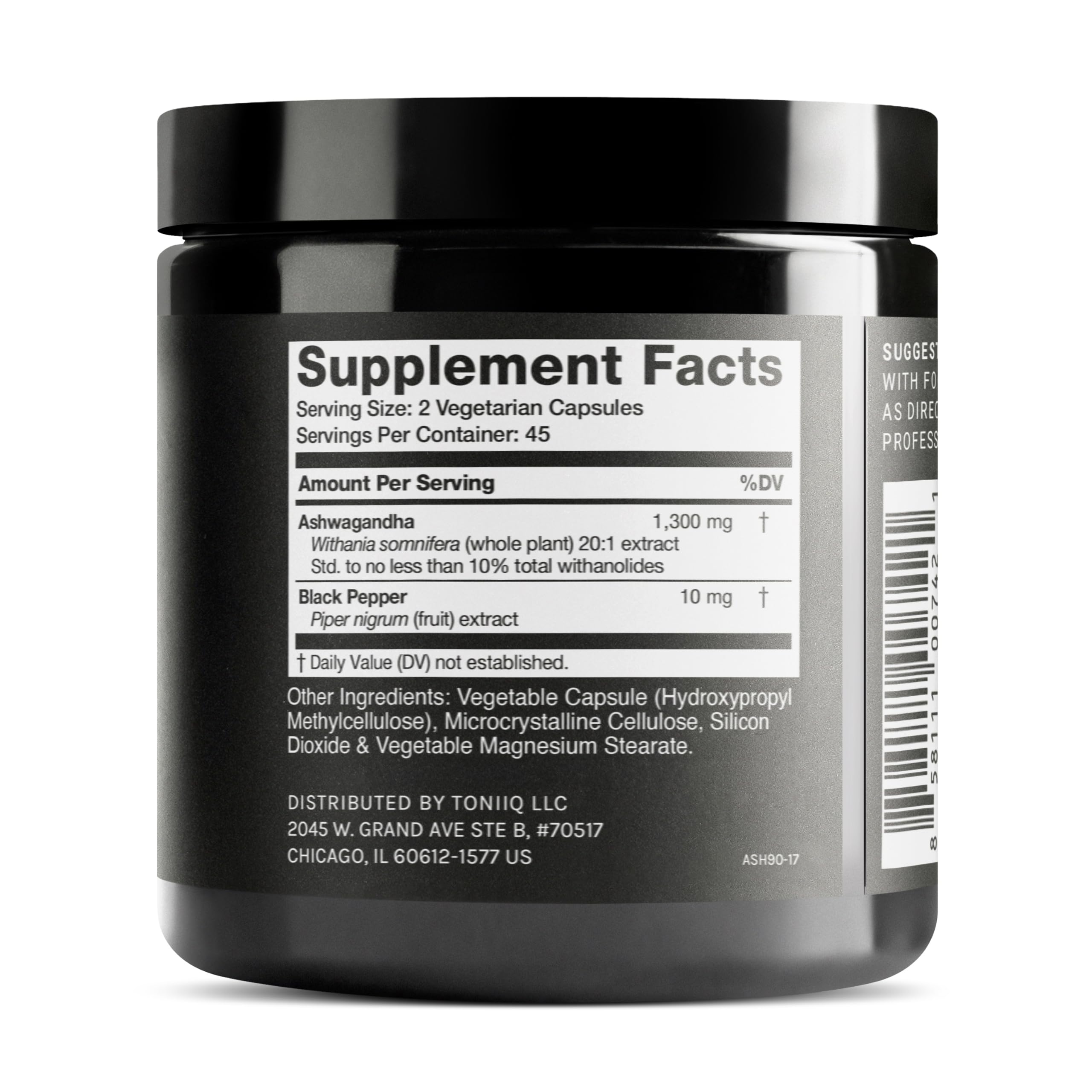 Toniiq Ashwagandha 20x label close-up shows purity and potency