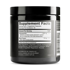 Toniiq Ashwagandha 20x label close-up shows purity and potency