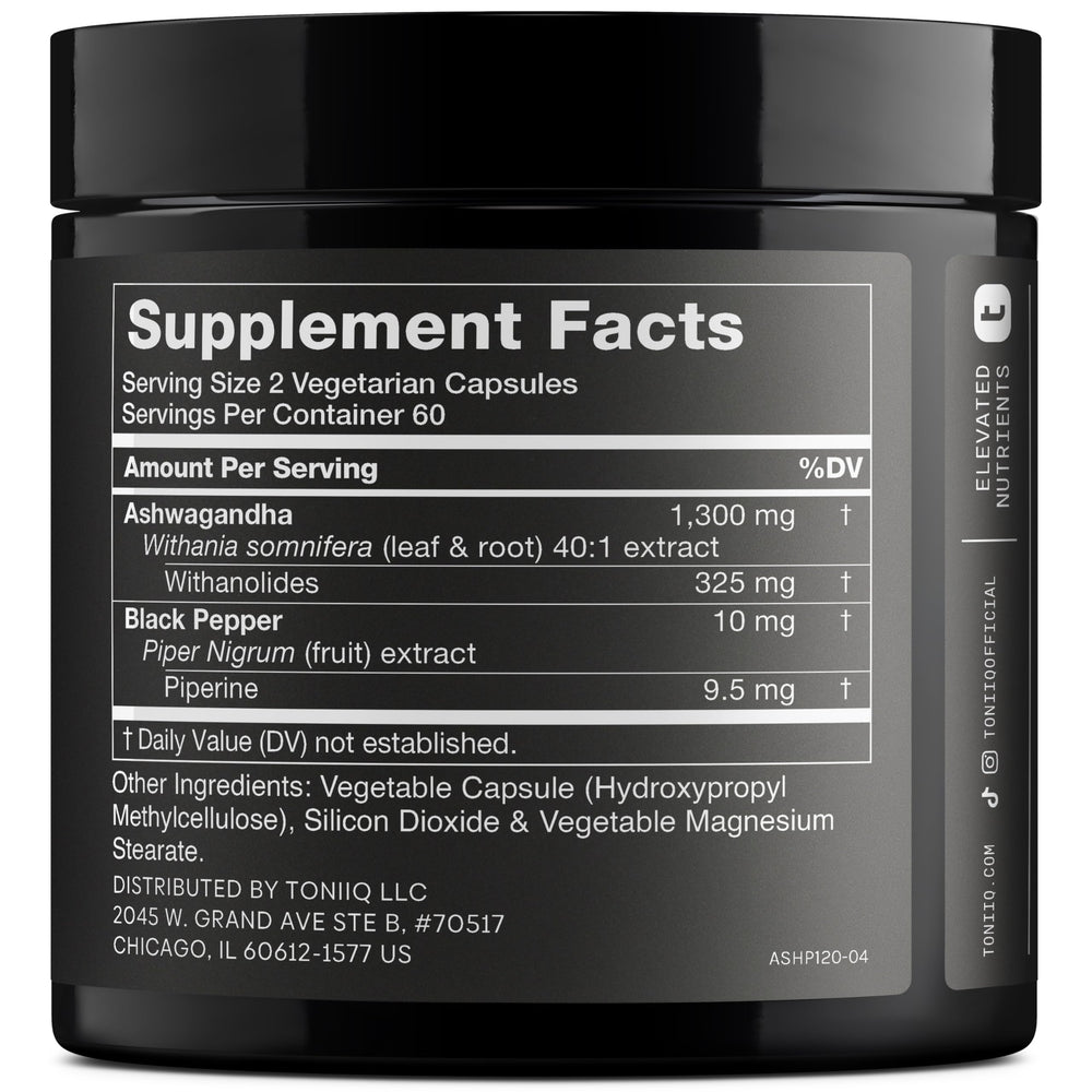 Toniiq Ashwagandha capsules closeup emphasizing easy daily intake