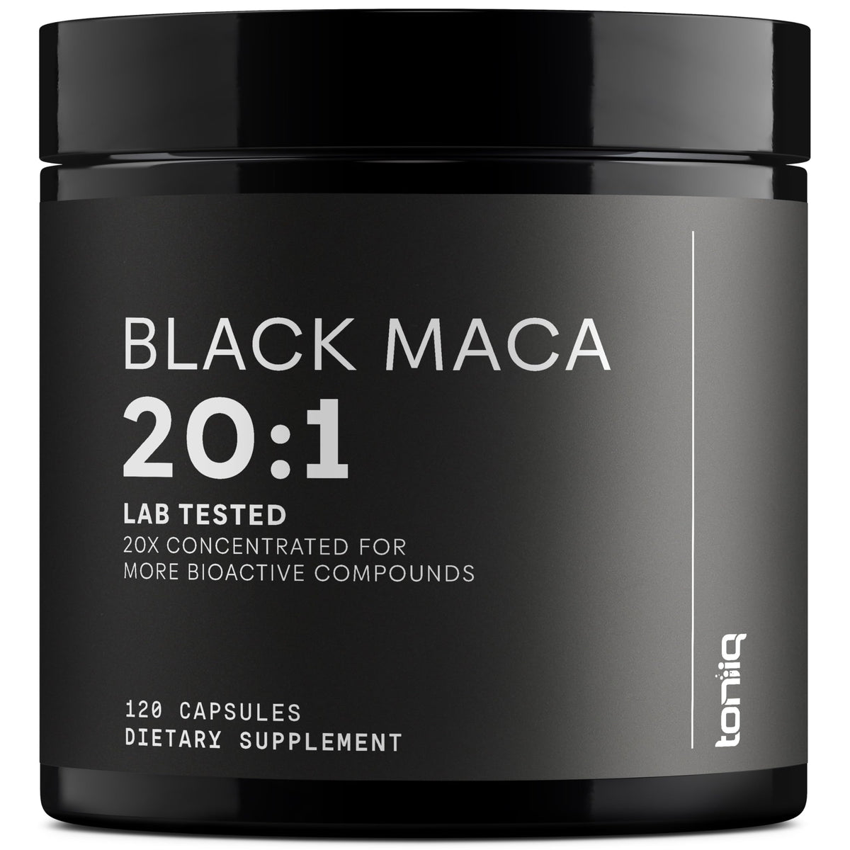 Toniiq Black Maca Root Capsule close-up showing high-potency daily supplement.