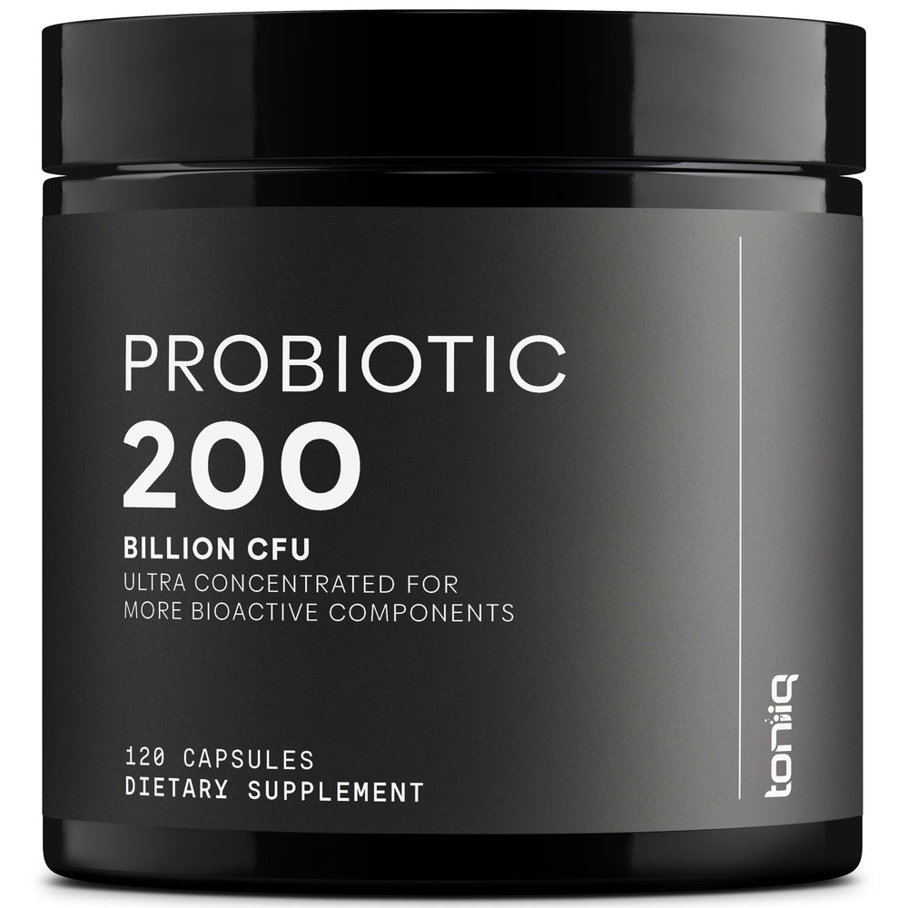 Toniiq probiotic bottle front view showing shelf-stable formula for daily use.