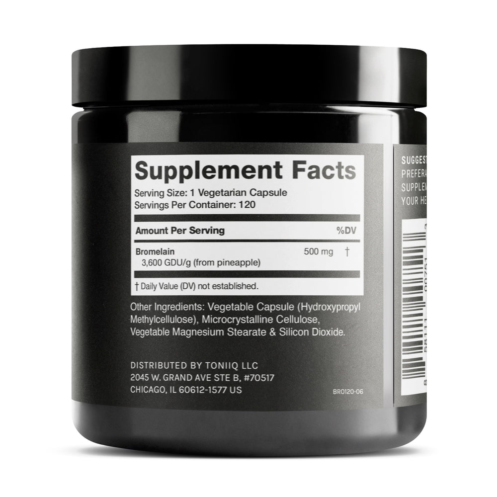 Toniiq Bromelain capsules close-up, vegan capsules for daily use