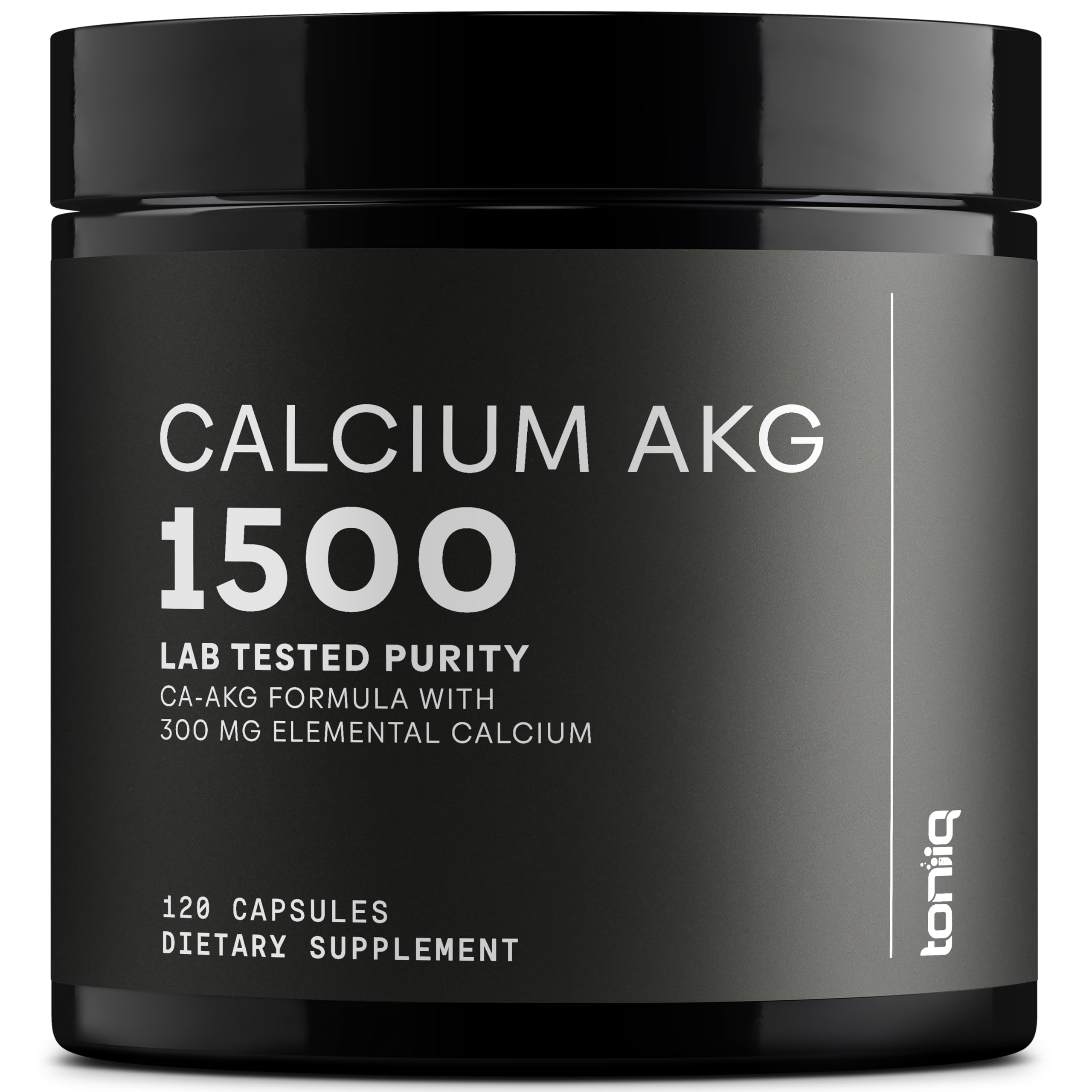 Toniiq Ca AKG 1500mg bottle label highlights high potency and purity.
