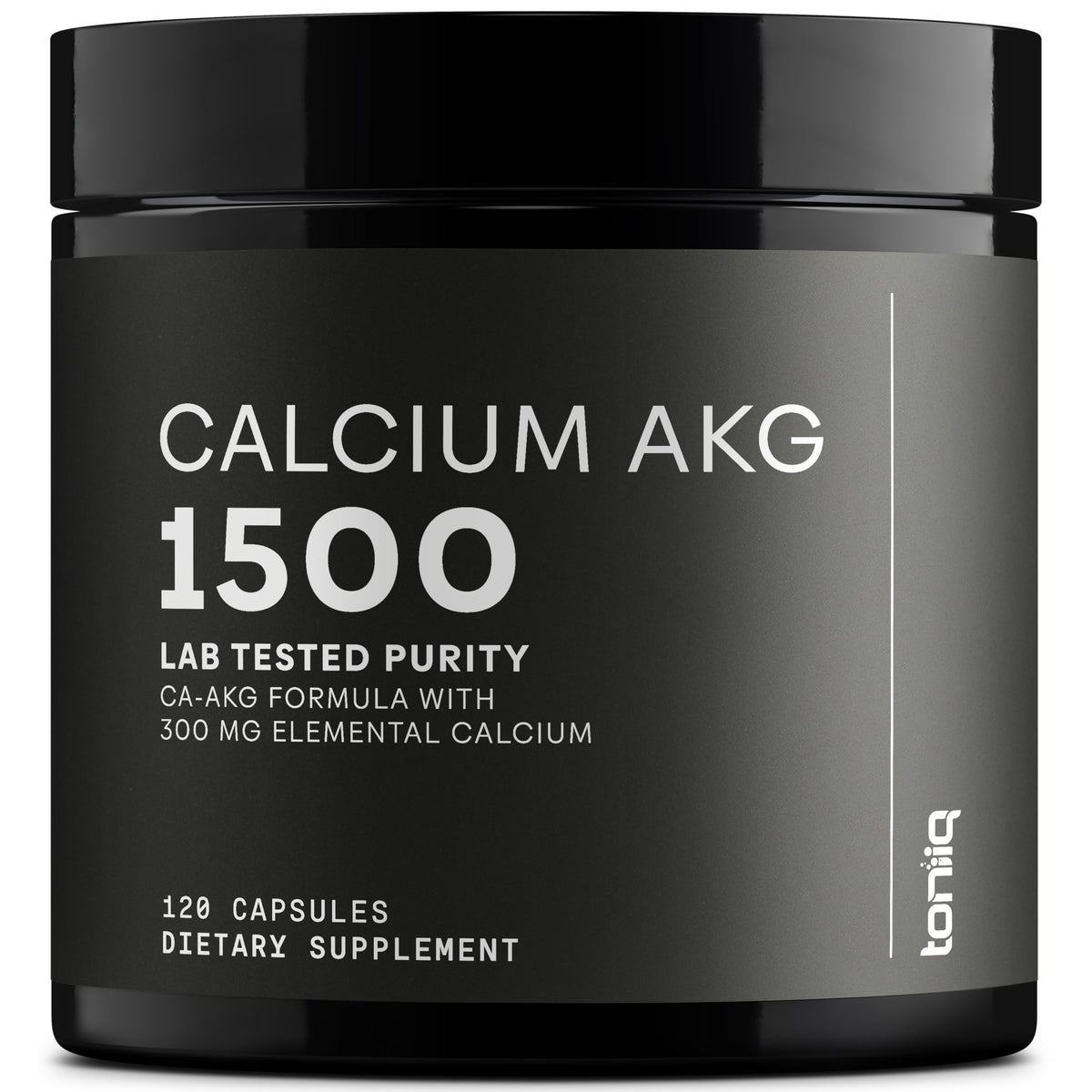 Toniiq Ca AKG 1500mg bottle label highlights high potency and purity.