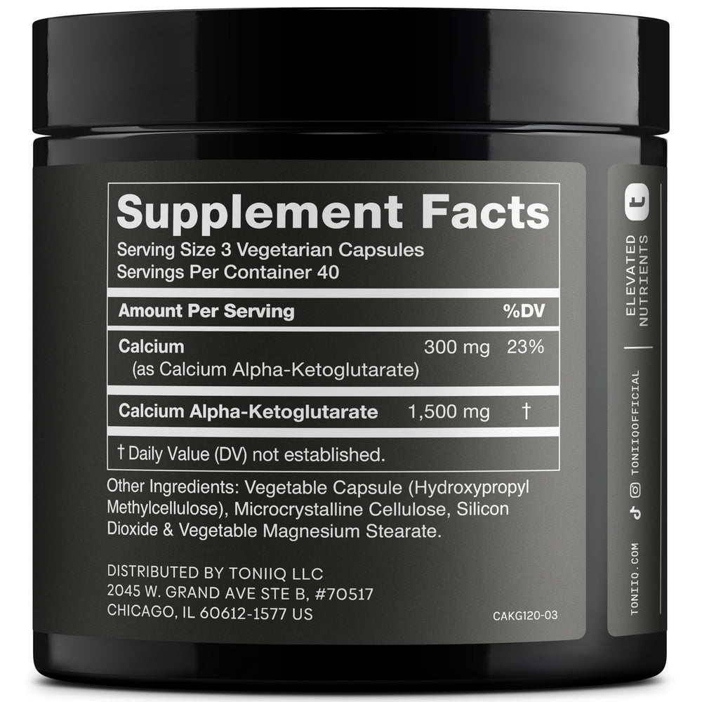 Toniiq Ca AKG capsules front view show vegetarian format for easy intake.