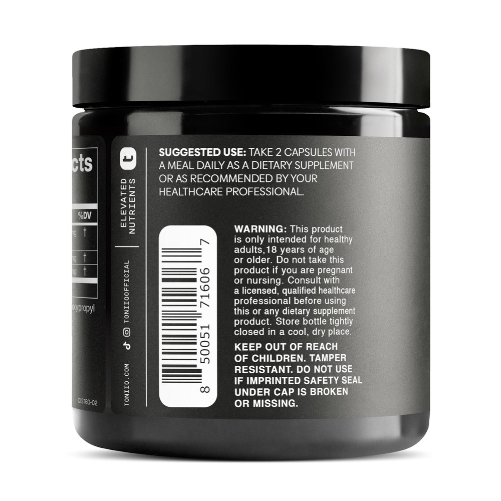 Toniiq label close-up highlights 10:1 potency and standardization.