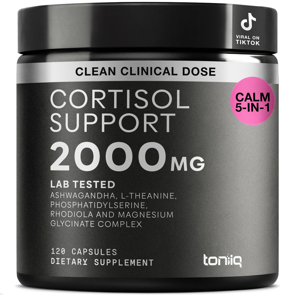 Toniiq cortisol supplement bottle on table for daily balance and calm moments