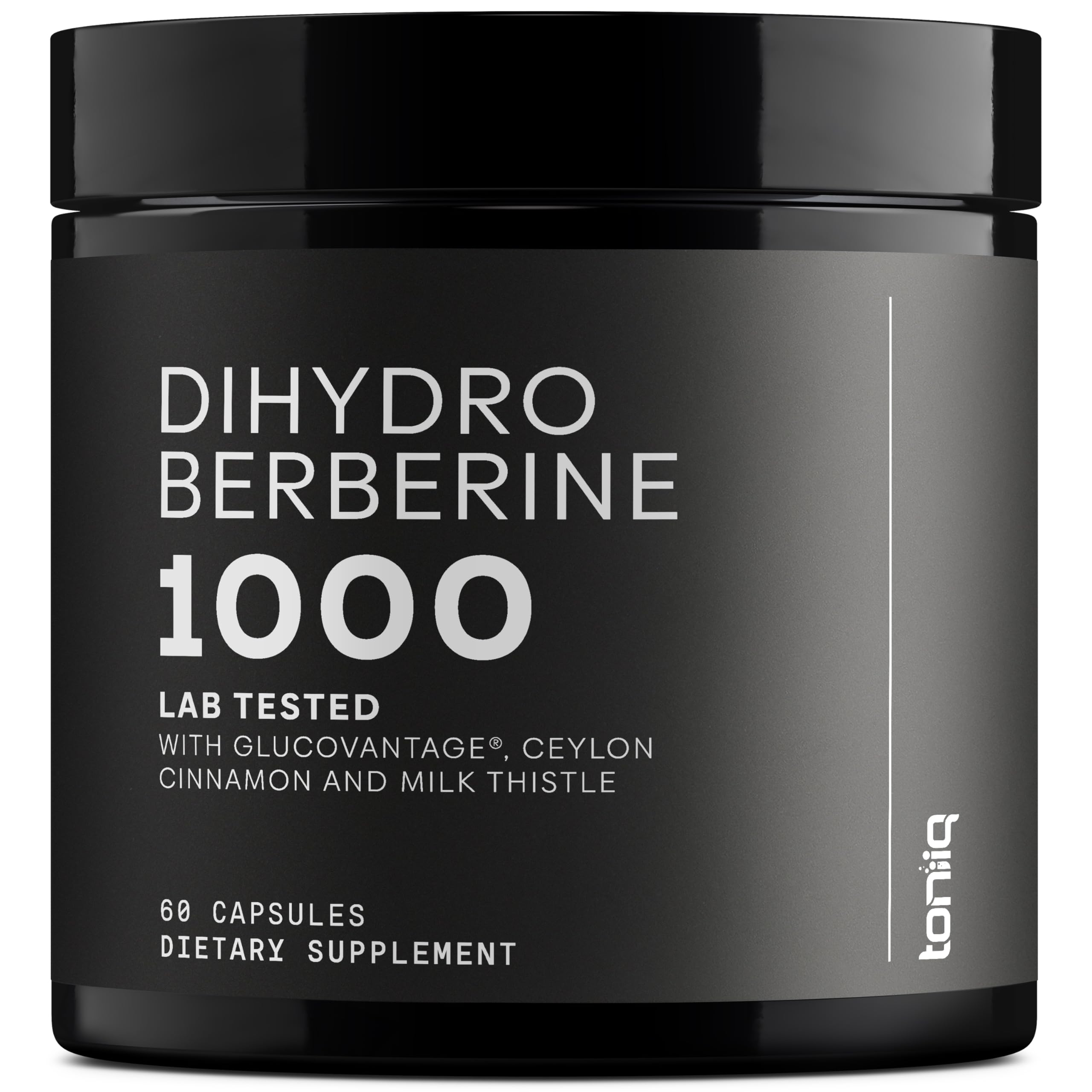 Toniiq Dihydroberberine bottle label signaling high potency for daily wellness.