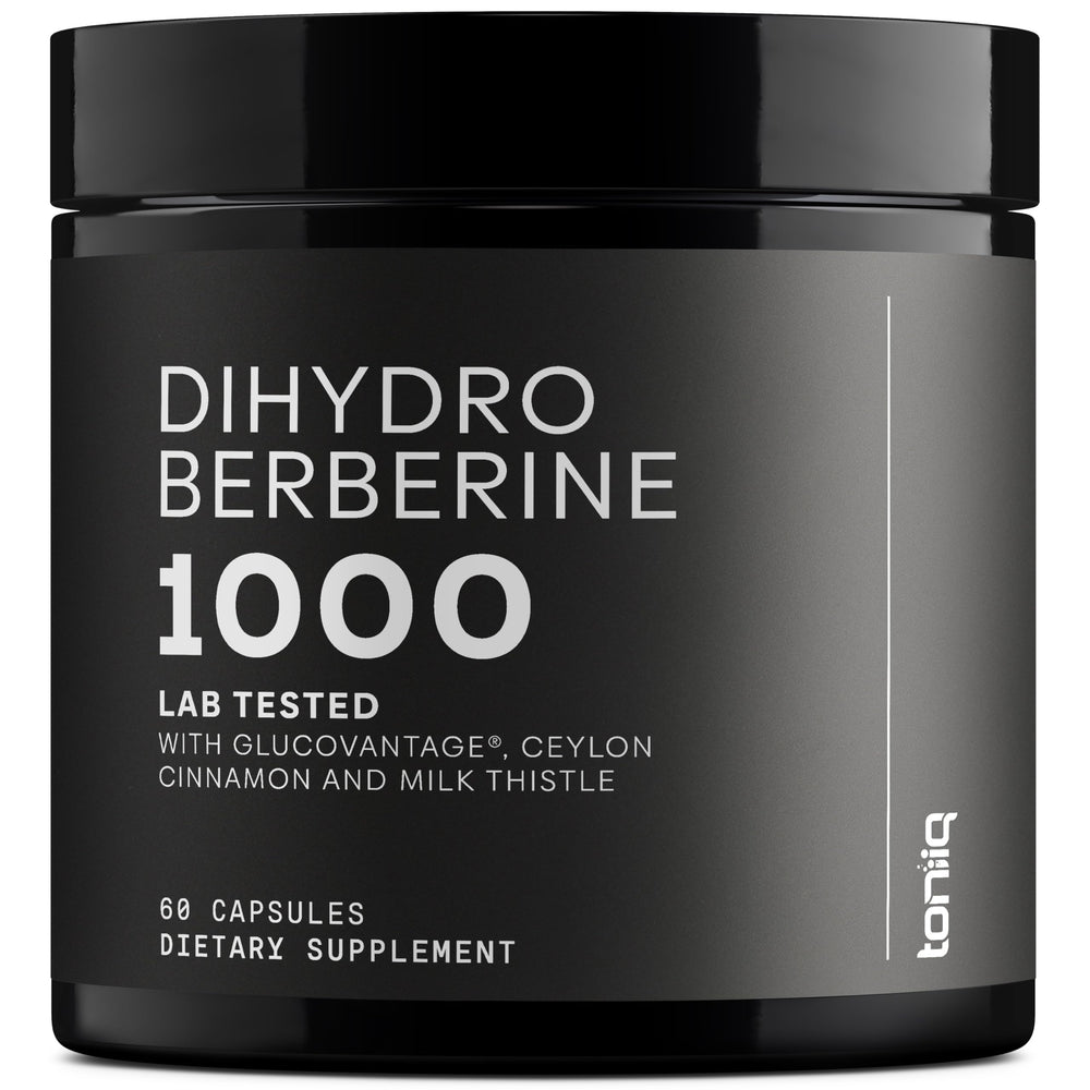 Toniiq Dihydroberberine bottle label signaling high potency for daily wellness.