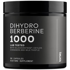 Toniiq Dihydroberberine bottle label signaling high potency for daily wellness.