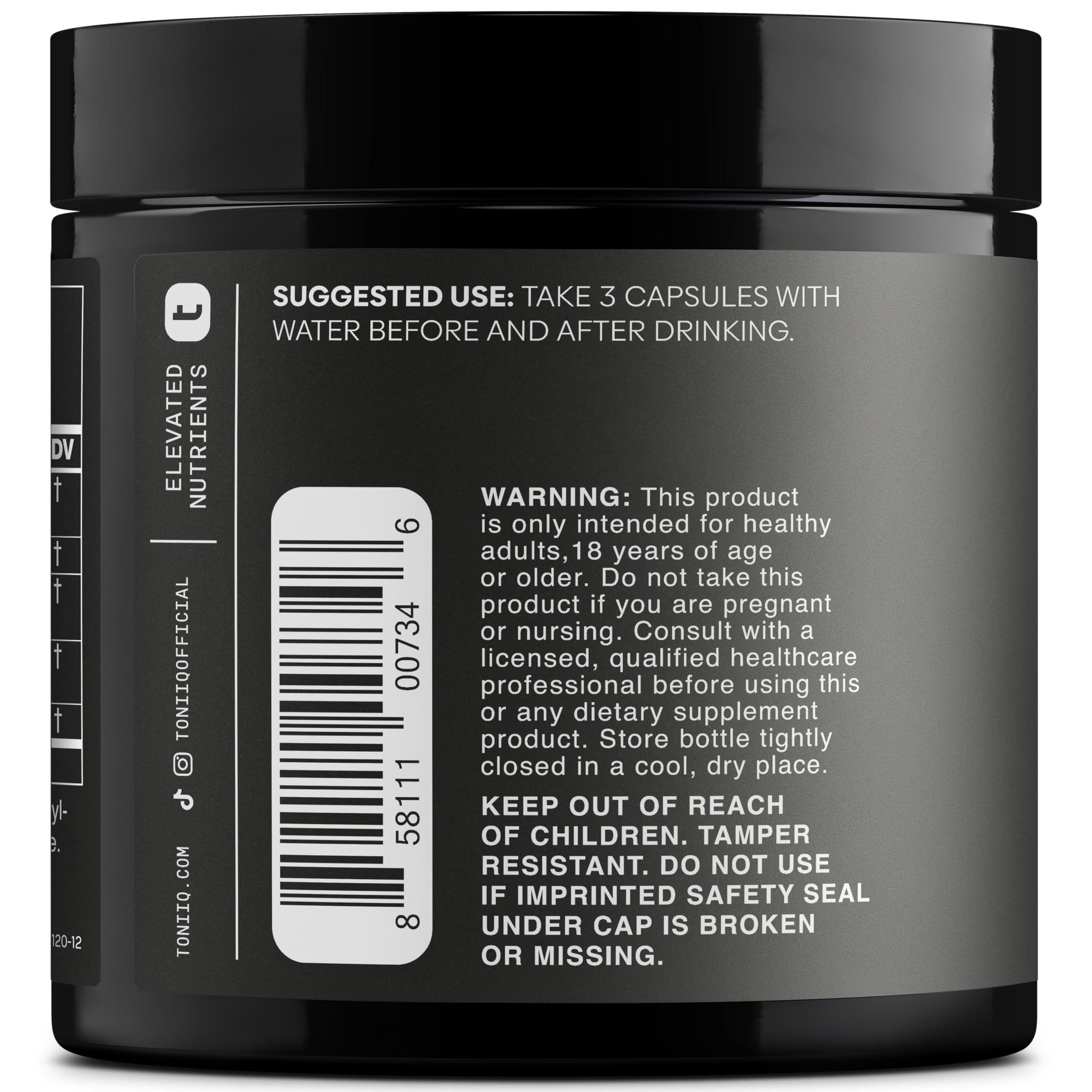 Toniiq Ease with DHM bottle label highlights potent ingredients for routines