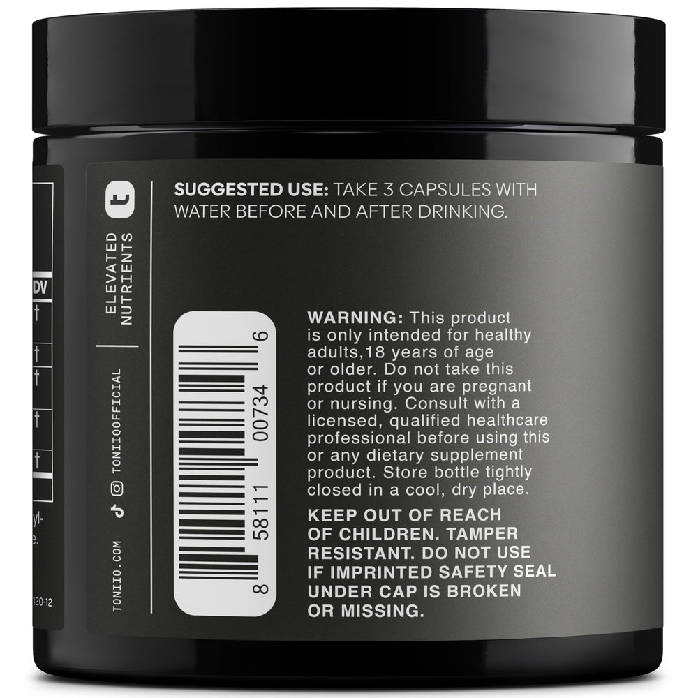 Toniiq Ease with DHM bottle label highlights potent ingredients for routines