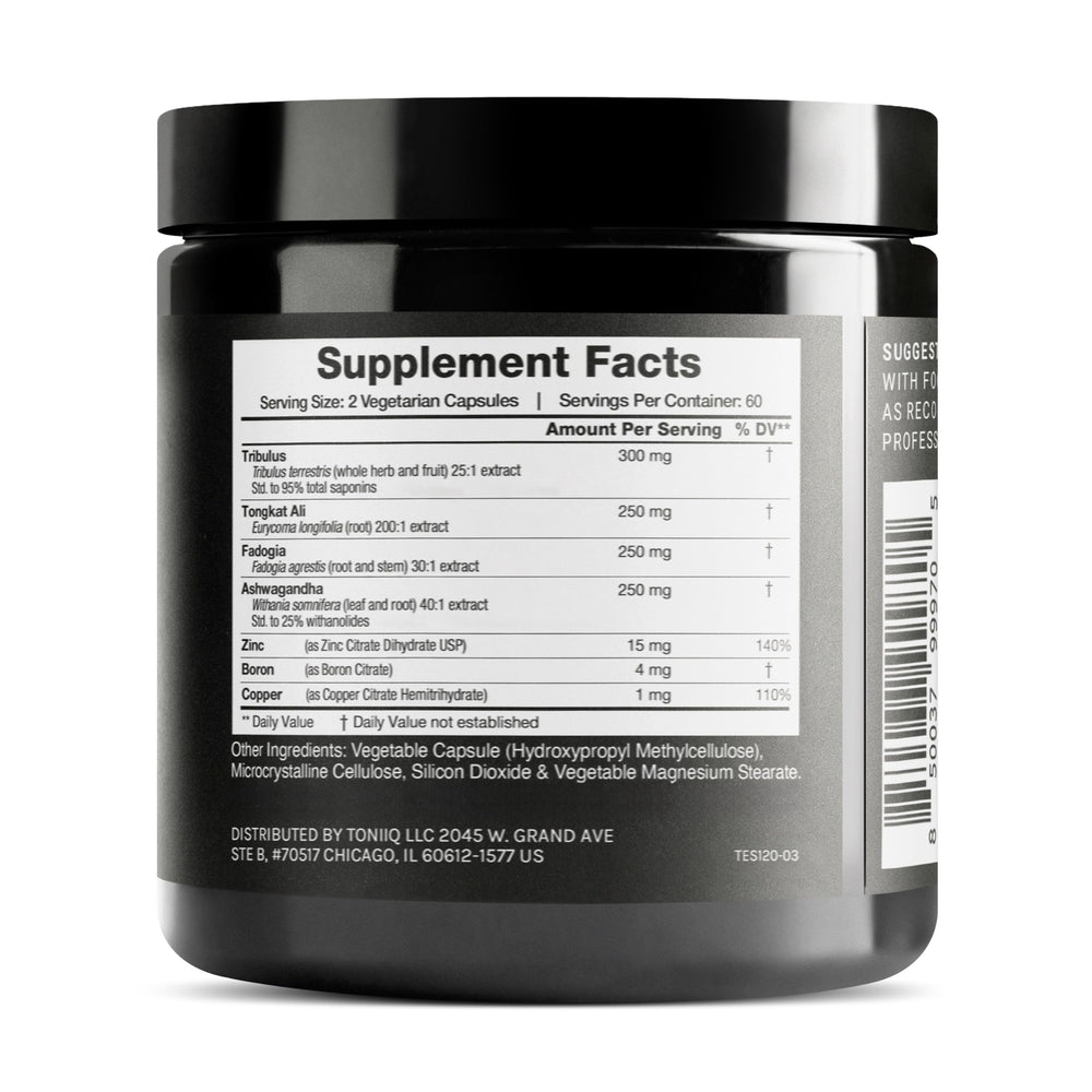 Toniiq Elite T Formula Fadogia capsules close-up for sustained energy