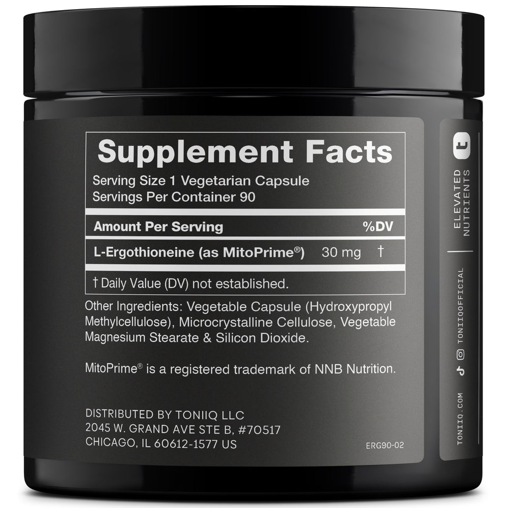 Toniiq Ergothioneine capsules close-up showing 30 mg dosage