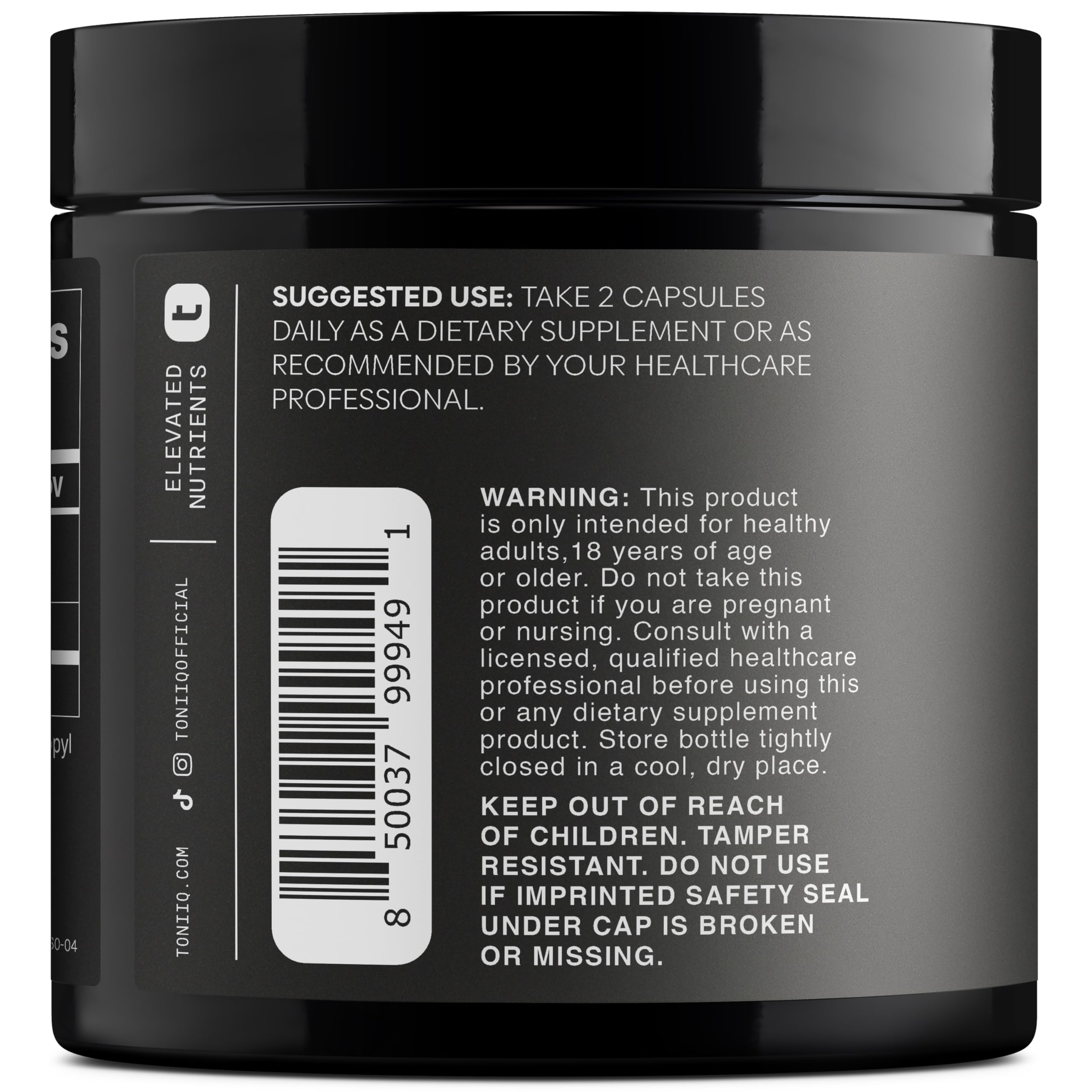 Toniiq Fisetin 500mg label detail highlights 98%+ purification