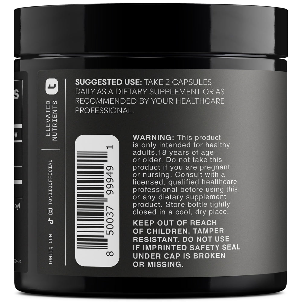 Toniiq Fisetin 500mg label detail highlights 98%+ purification