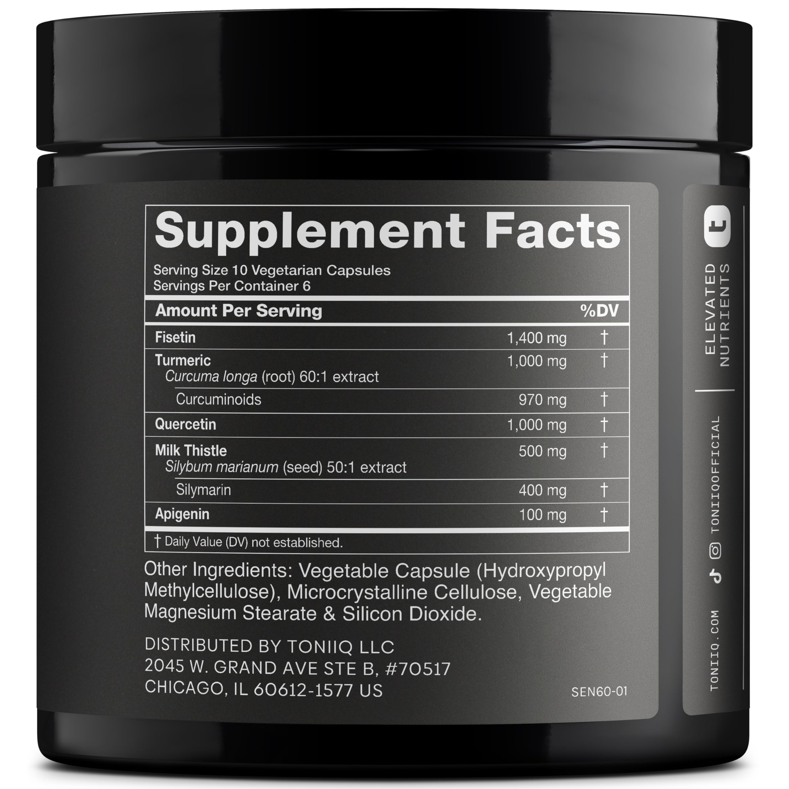 Toniiq Fisetin supplement bottle back with dosage details and extended 3-month supply