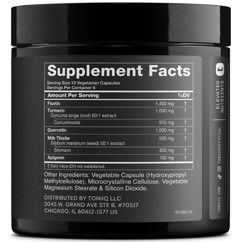 Toniiq Fisetin supplement bottle back with dosage details and extended 3-month supply