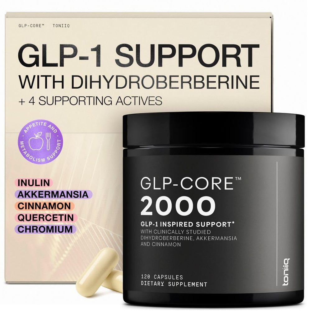 Toniiq GLP-1 Support bottle shows a 60-day supply for daily use