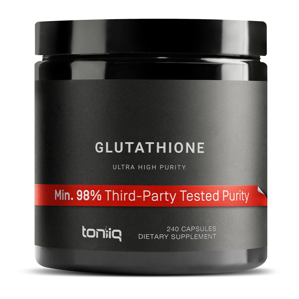 Toniiq Glutathione 1000mg bottle with high-purity formula for daily wellness.
