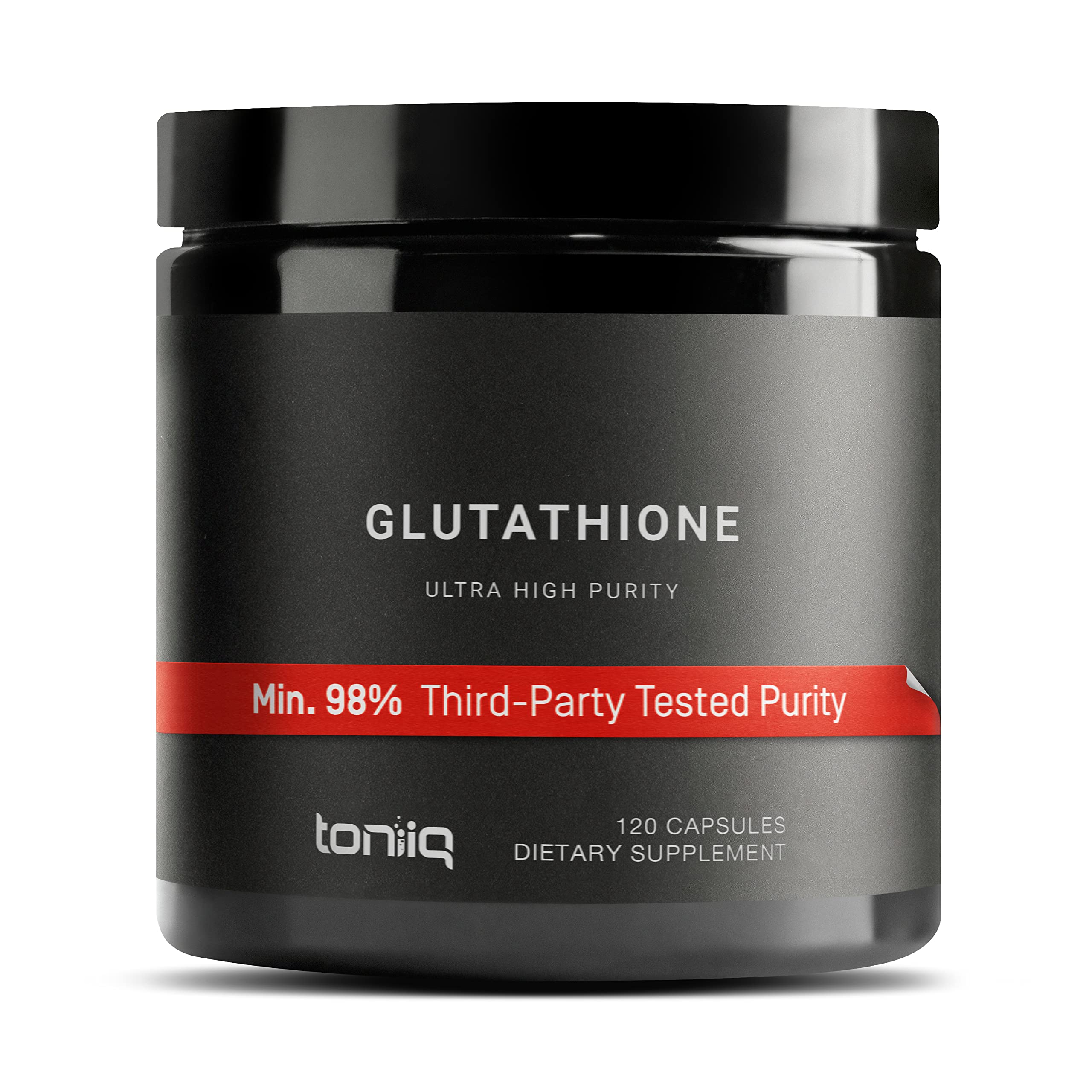 Toniiq Glutathione capsules bottle front highlighting premium purity and potency.