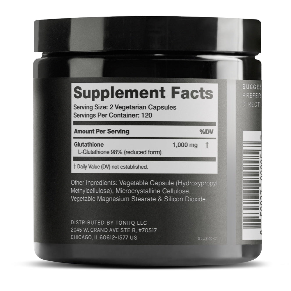 Toniiq Glutathione capsules close-up highlighting easy, daily capsules.