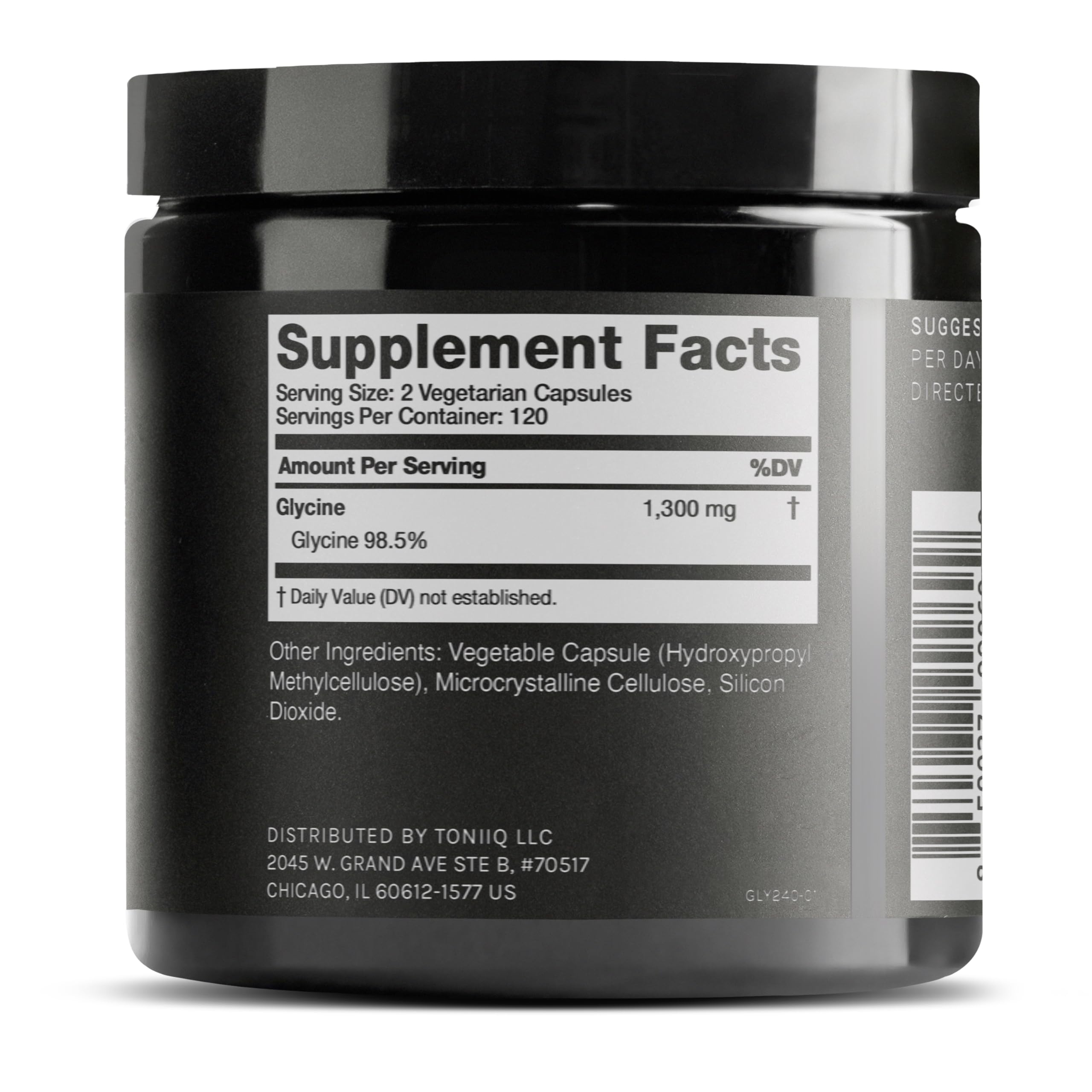 Toniiq Glycine bottle open with capsules visible for easy daily dosing