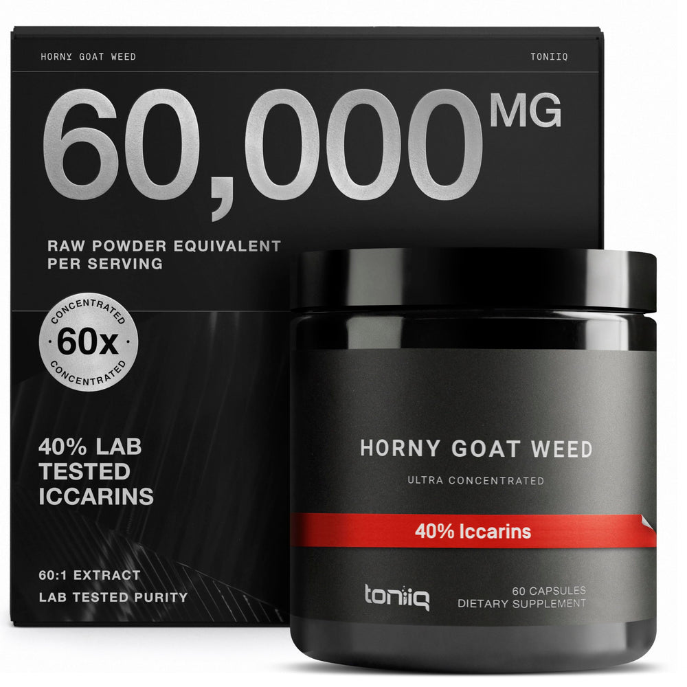 Toniiq Horny Goat Weed bottle close-up for active lifestyle support.