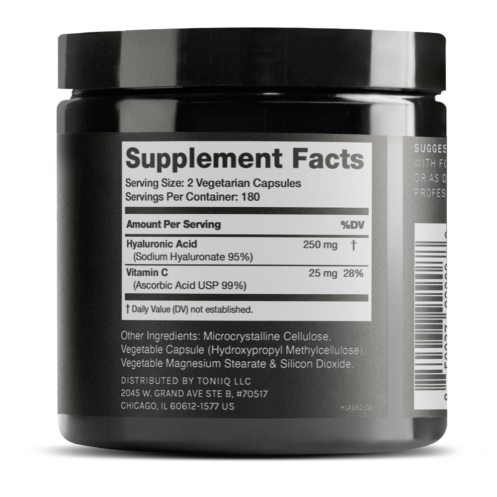 Toniiq Hyaluronic Acid capsules in a clear bottle for daily use.