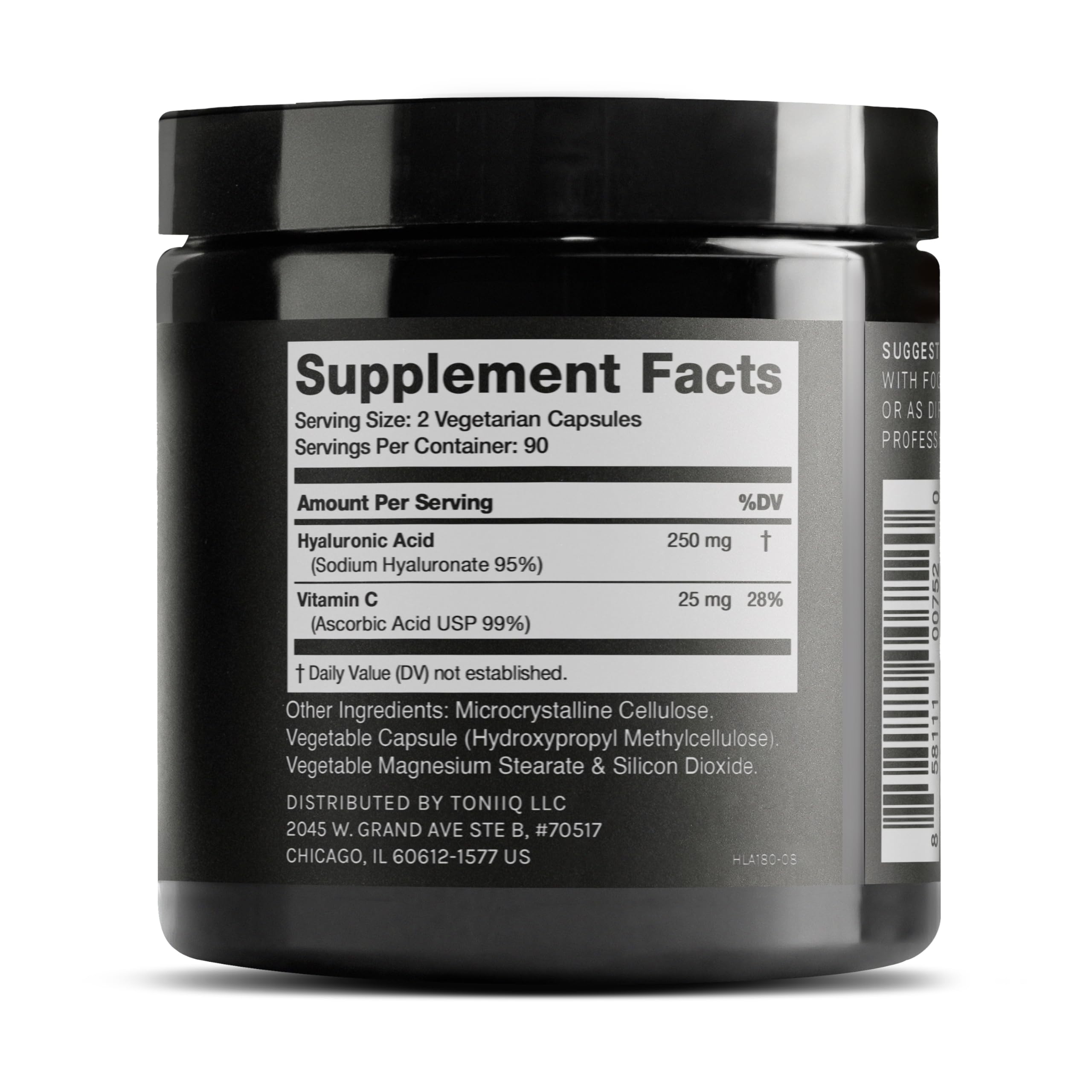 Toniiq Hyaluronic Acid capsules closeup emphasizing dosage accuracy and quality