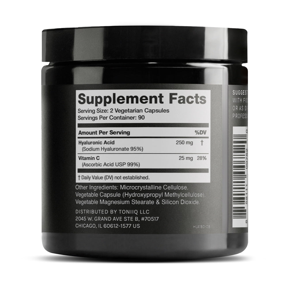 Toniiq Hyaluronic Acid capsules closeup emphasizing dosage accuracy and quality