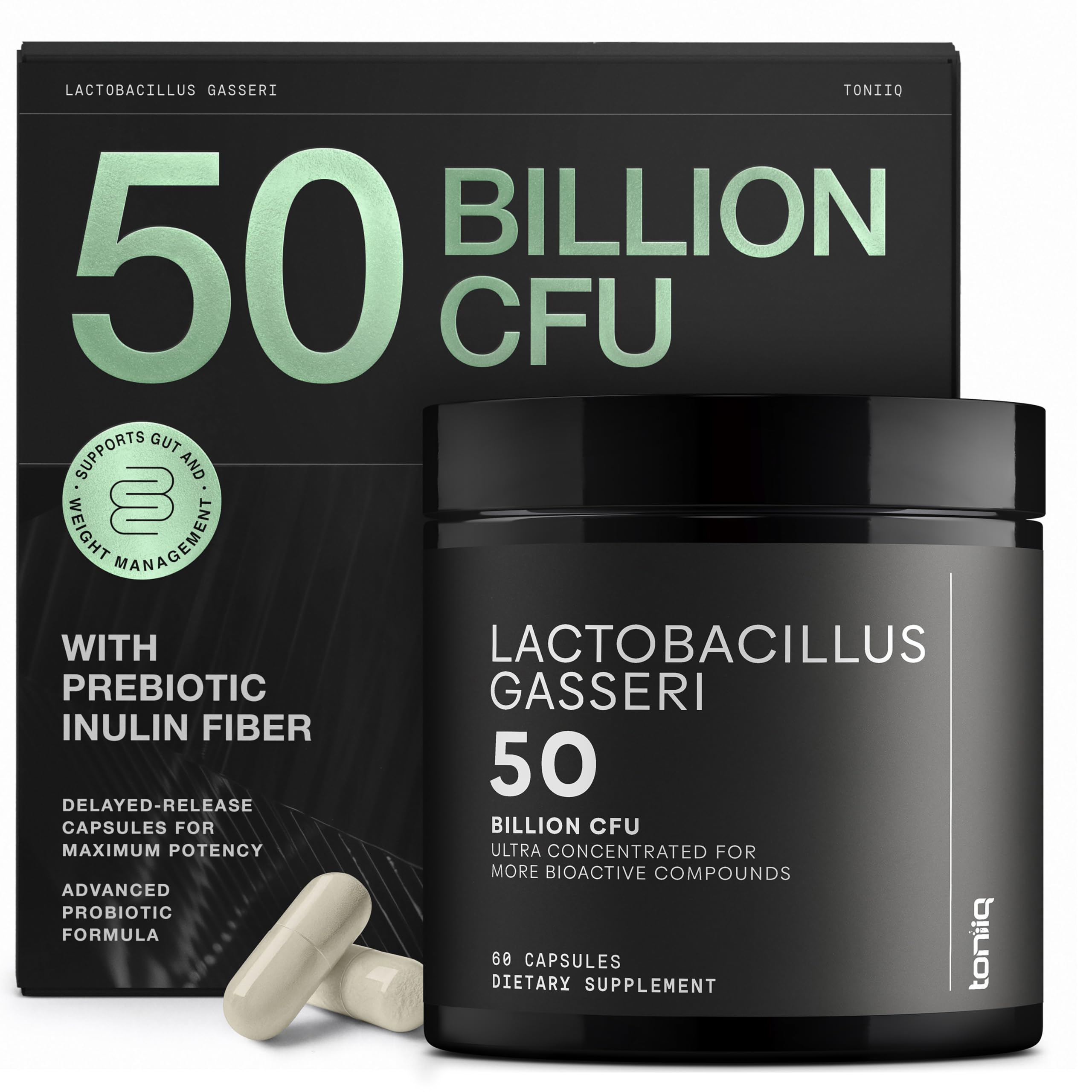 Toniiq Lactobacillus Gasseri bottle front showing high-strength probiotic formula for digestive support.