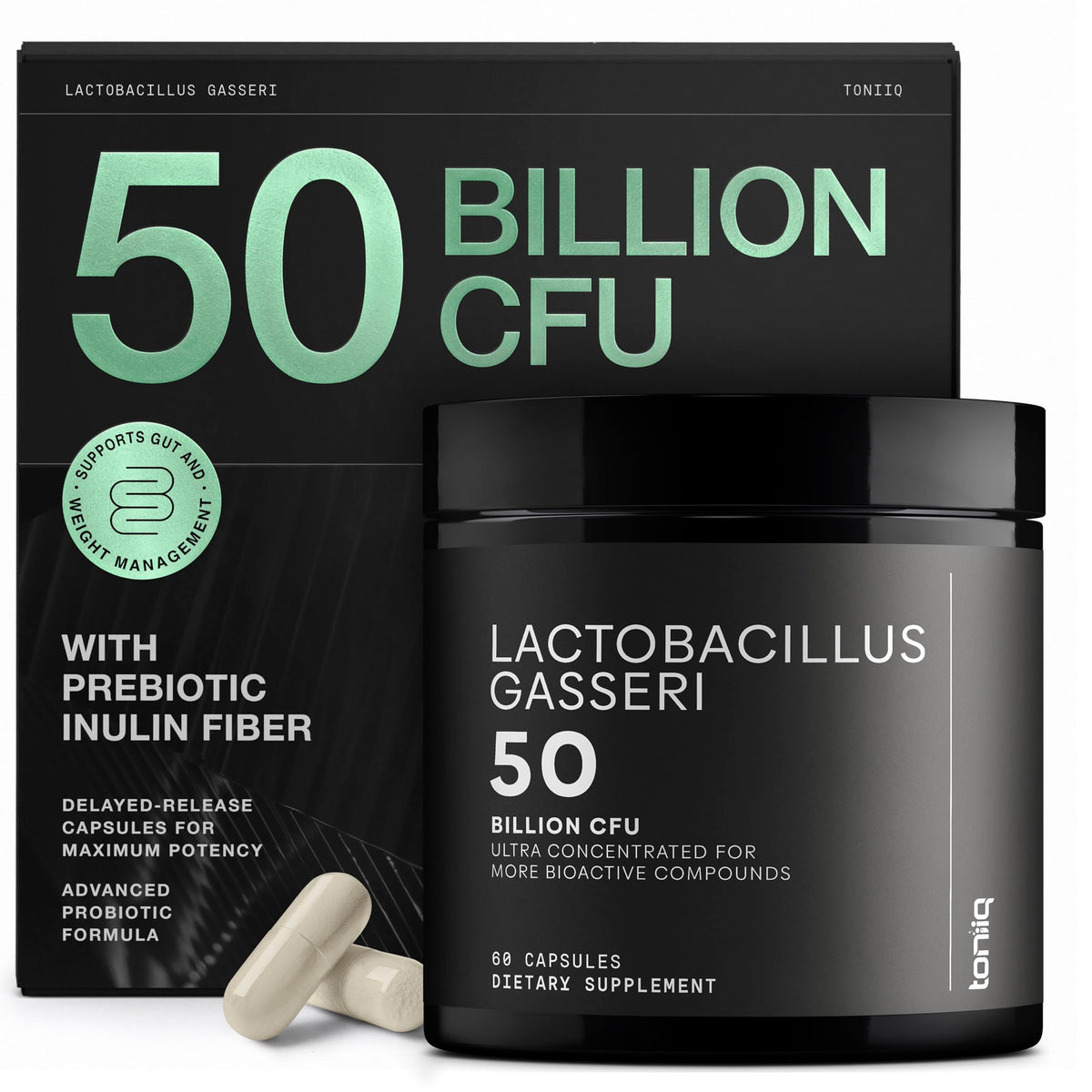 Toniiq Lactobacillus Gasseri bottle front showing high-strength probiotic formula for digestive support.