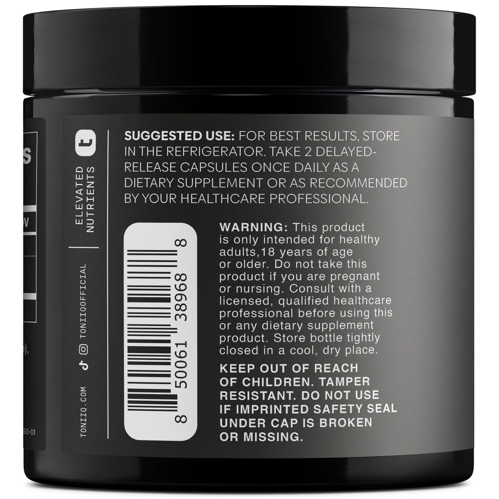Toniiq Lactobacillus Gasseri capsules side view demonstrates delayed-release design for gut delivery.