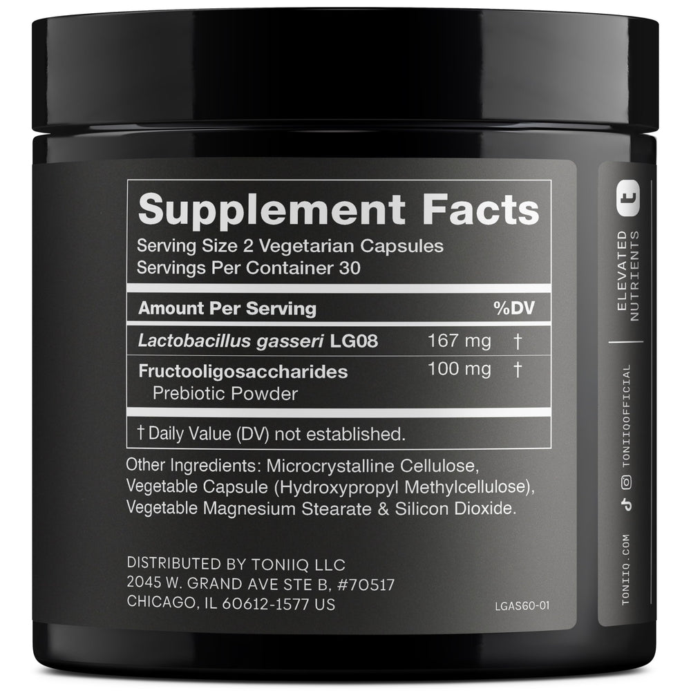 Toniiq Lactobacillus Gasseri label close-up highlights 50B CFU per serving.