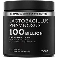 Toniiq Lactobacillus Rhamnosus bottle front shows high-strength probiotic for daily gut support.