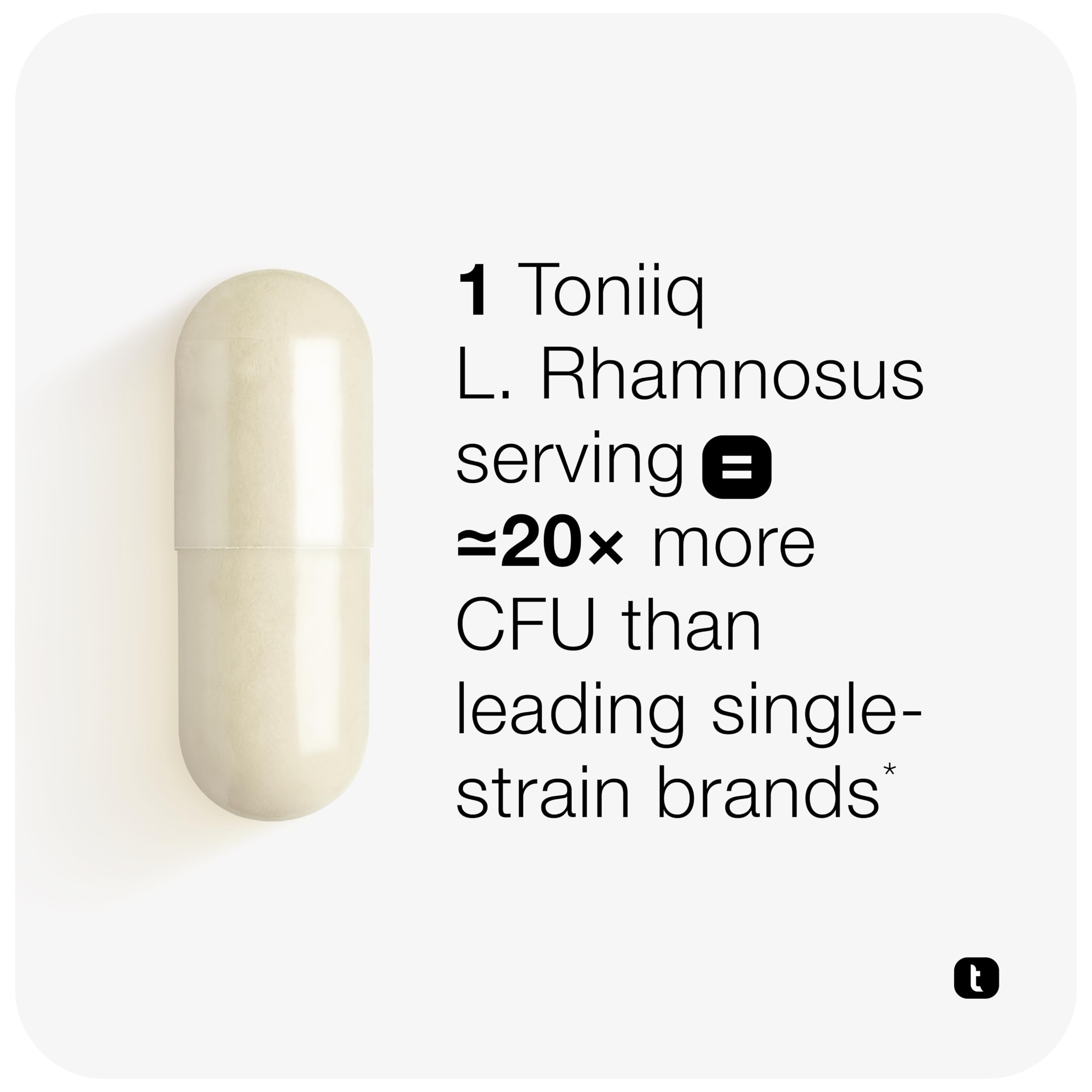 Toniiq Lactobacillus Rhamnosus capsules closeup highlights delayed-release protection.
