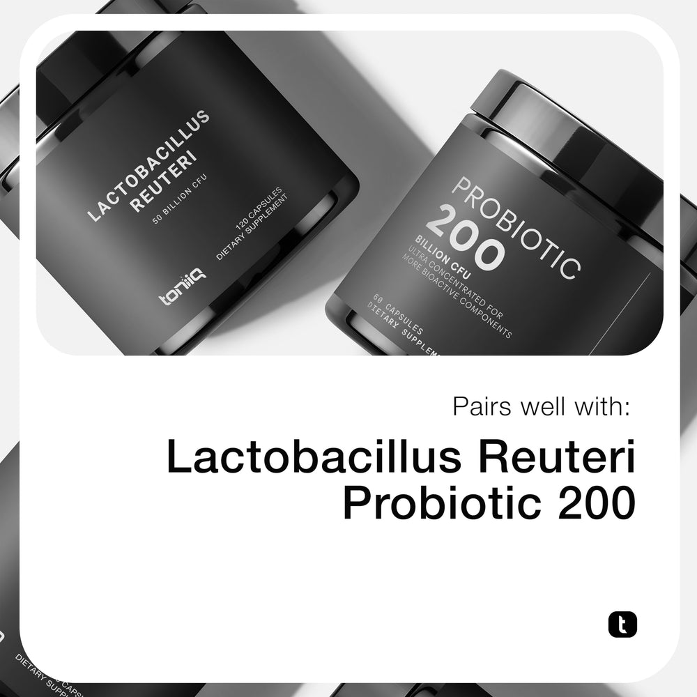 Toniiq Lactobacillus Rhamnosus delayed-release capsules demonstrating stomach-safe delivery.